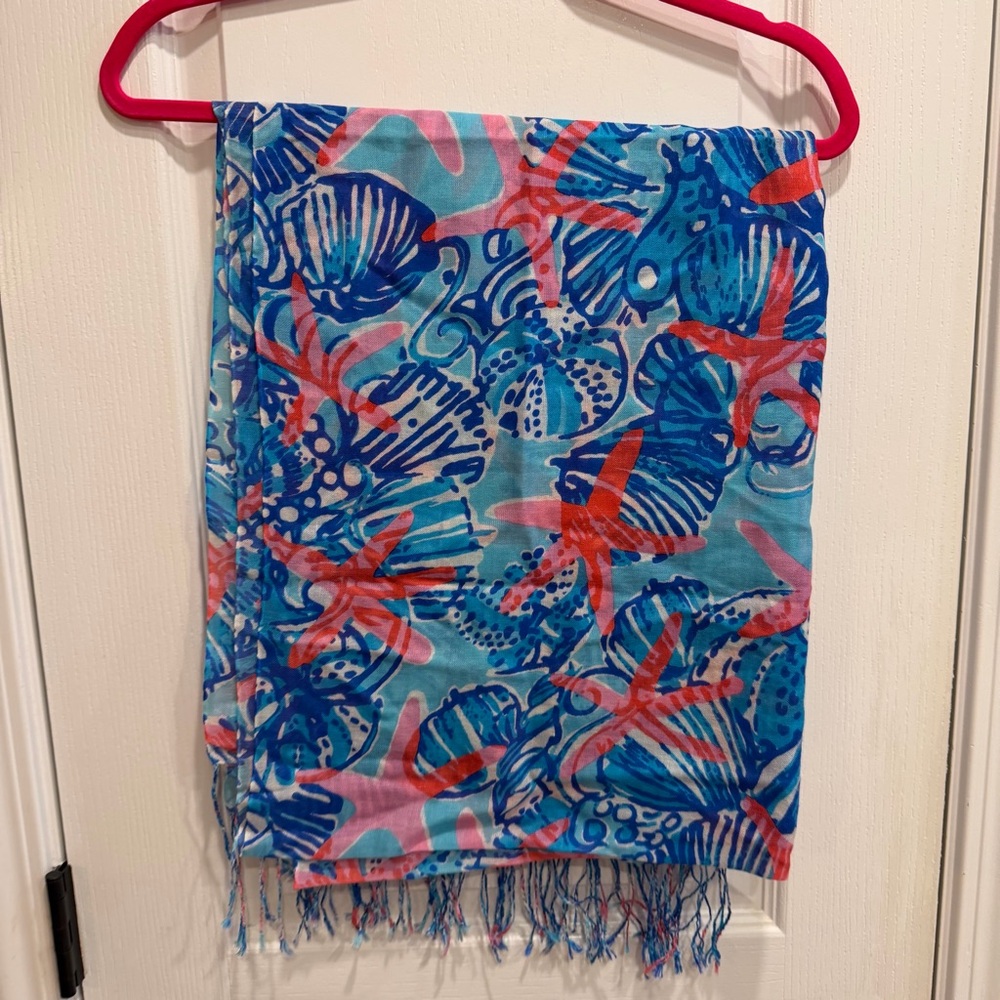 Lilly Pulitzer She Shell Murfee Scarf Silk Cashmere Tassel Blue Starfish Fringe - Picture 8 of 8